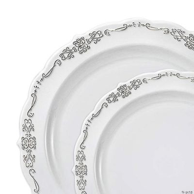 White with Silver Vintage Rim Round Disposable Plastic Dinnerware Value ...