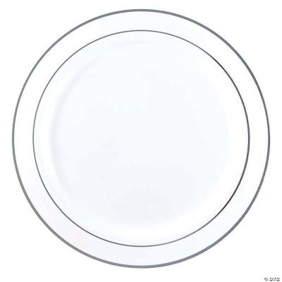 10.25" White with Silver Edge Rim Plastic Dinner Plates (50 Plates