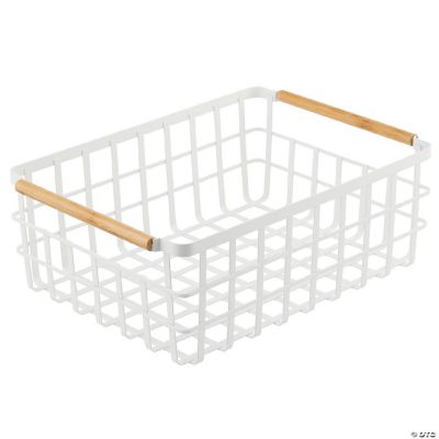 mDesign Metal Wire Organizer Basket with Bamboo Handles - Matte  White/Natural