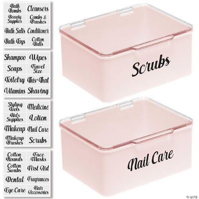 mDesign Stackable Plastic Bathroom Organizer Box, 2 Pack + 32 Labels Pink