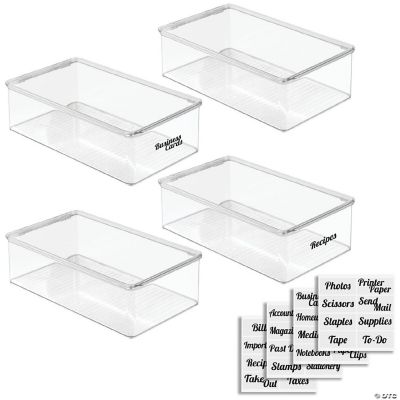 mDesign Plastic Stackable Long Storage Bin Lid, Pack of 4 + 32 Labels Clear