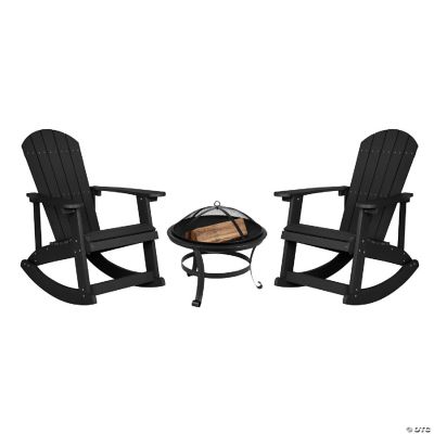 Emma + Oliver 2 Marcy Adirondack Rocking Chairs & Fire Pit Set Black