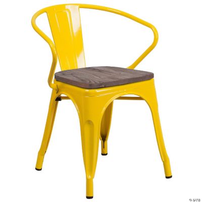 Emma + Oliver Yellow Metal Chair with Wood Seat and Arms Oriental Trading