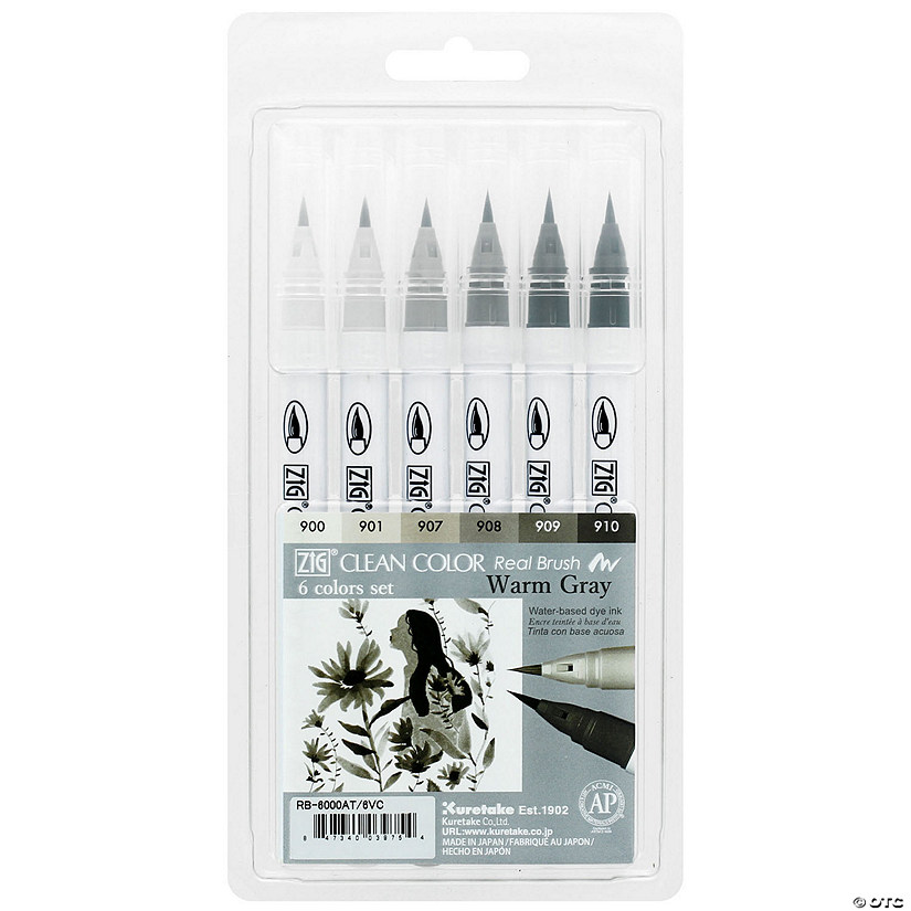 Zig Clean Color Real Brush Marker St 6VCWrmGry 6pc