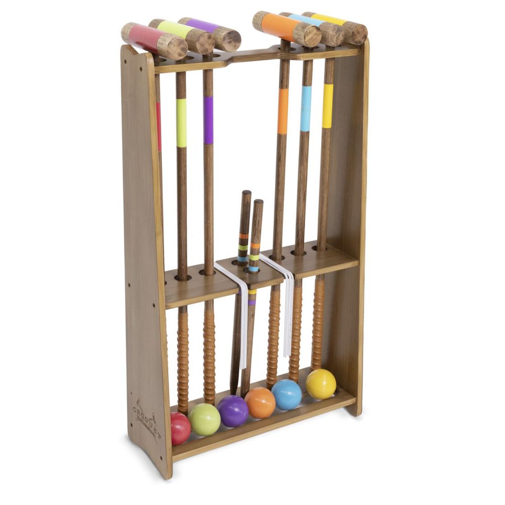Gosports premium wood stained six player croquet set with handcrafted wooden stand From MindWare