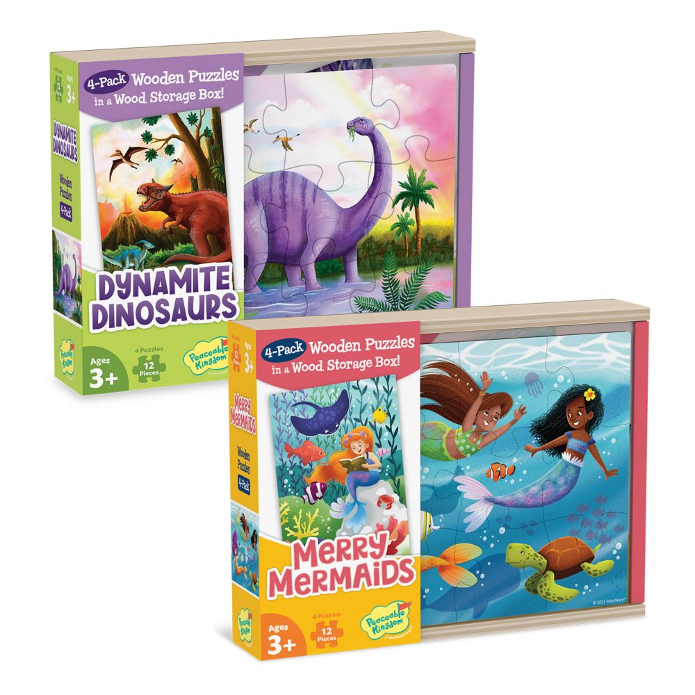 Dynamite Dinosaurs & Merry Mermaids Wooden Puzzles Set of 2 From MindWare