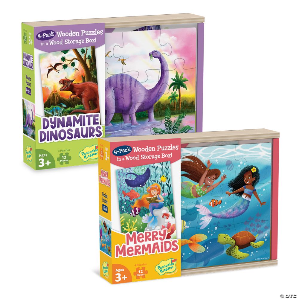 Dynamite Dinosaurs & Merry Mermaids Wooden Puzzles Set of 2 From MindWare