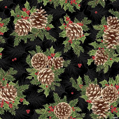 Evergreen Bows Pine Cone Metallic Christmas Cotton Fabric by Maywood Studio