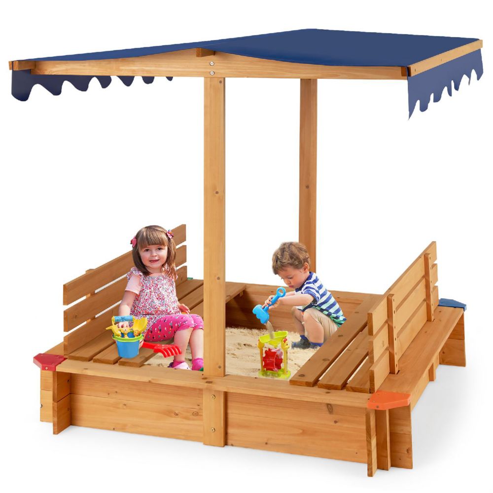 Costway Kids Wooden Sandbox w/ Canopy & 2 Bench Seats Bottom Liner for Outdoor Yellow