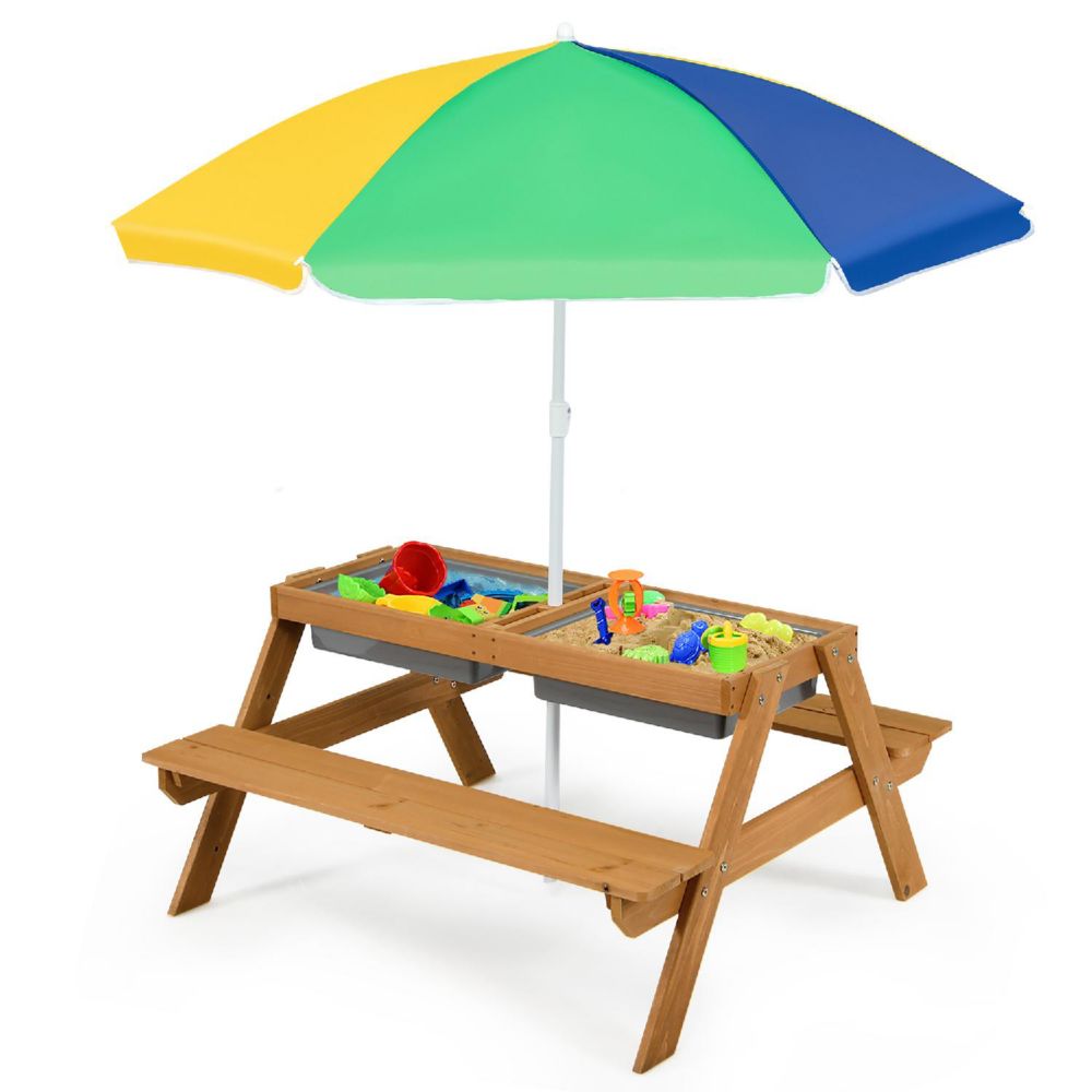 Costway 3-in-1 Kids Picnic Table Wooden Outdoor Sand & Water Table w/Umbrella Play Box es Natural