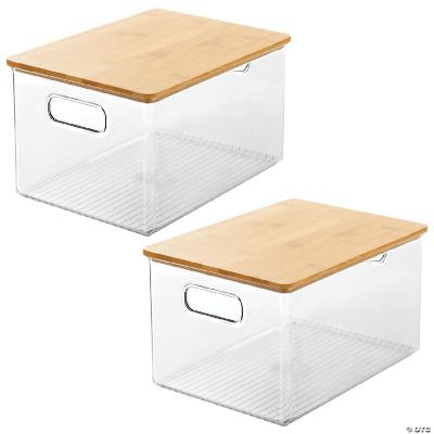 mDesign Plastic Kitchen Storage Box Bamboo Lid, Handles, 2 Pack, Clear/Natural