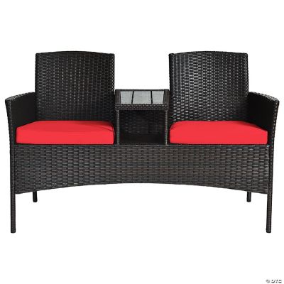 Costway Patio Rattan Loveseat Sofa Cushioned Coffee Table Red
