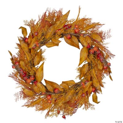 Yellow and Orange Berry and Leaves Fall Harvest Artificial Wreath - 24 ...