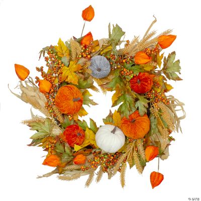 Velvet Pumpkins and Wheat Artificial Fall Harvest Wreath - 24-Inch ...