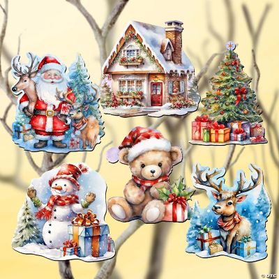 Christmas Is Here Wooden Decorative Clipon Ornaments Set of 6 by G