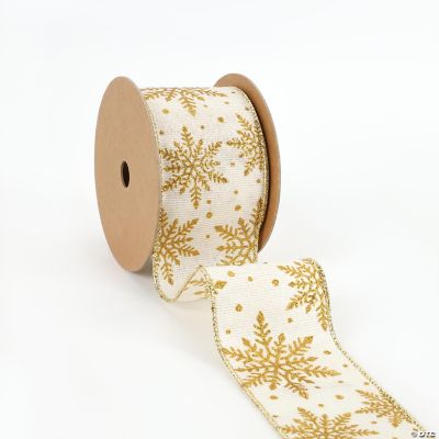 LaRibbons 2 1/2" Wired Ribbon "Glitter Snowflake" Antique White/Gold