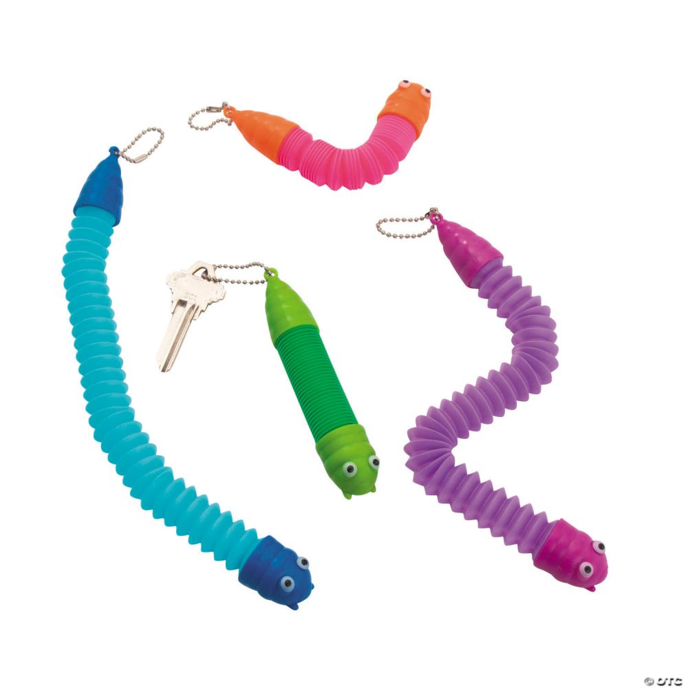 4" Caterpillar Multicolor Plastic Expanding Tube Fidget Toy Keychains - 12 Pc.