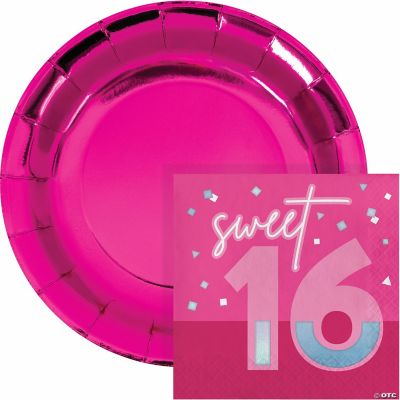 Hot Pink Foil 16th Birthday Plates and Napkins Set, Serves 16