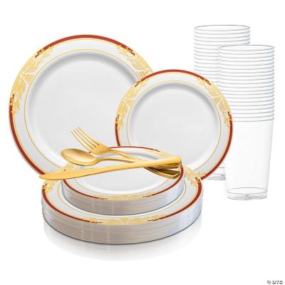 White with Burgundy and Gold Harmony Rim Plastic Wedding Value Set - 60