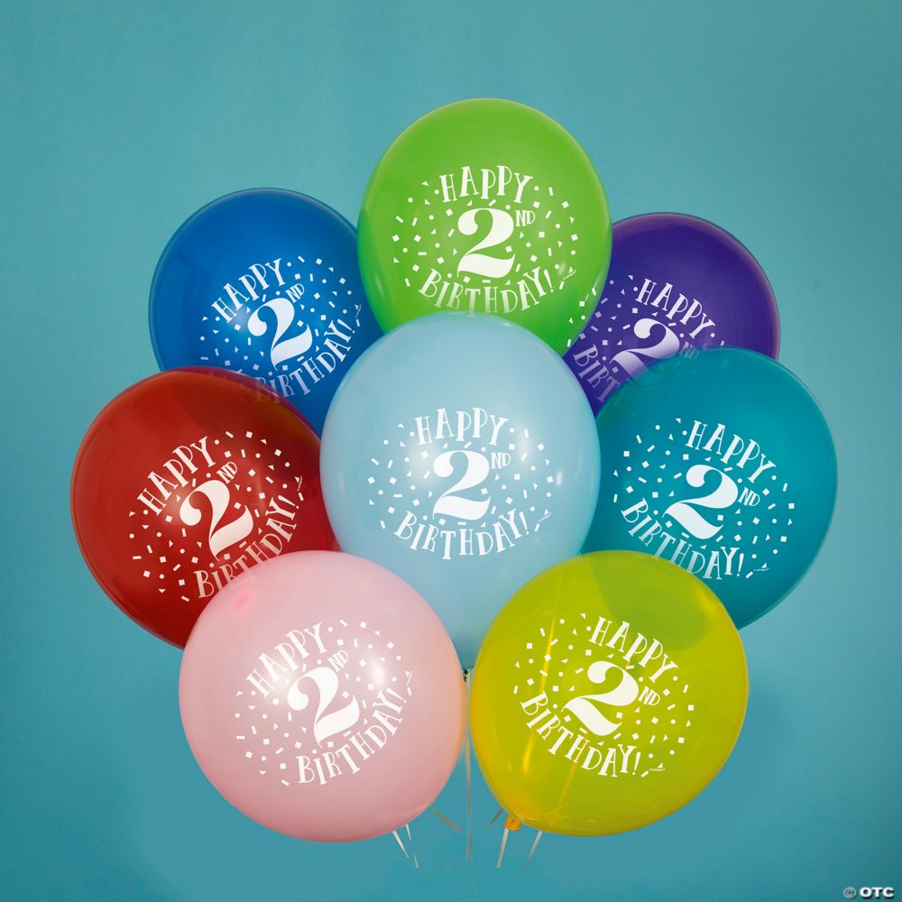 Happy 2nd Birthday Classic Bright Solid Color 12" Latex Balloons - 8 Pc.