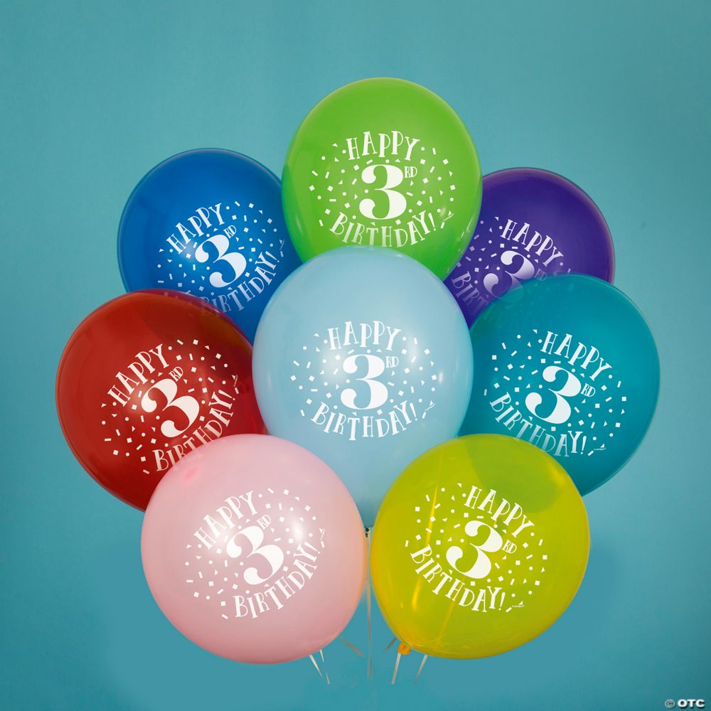 Happy 3rd Birthday Classic Bright Solid Color 12" Latex Balloons - 8 Pc.