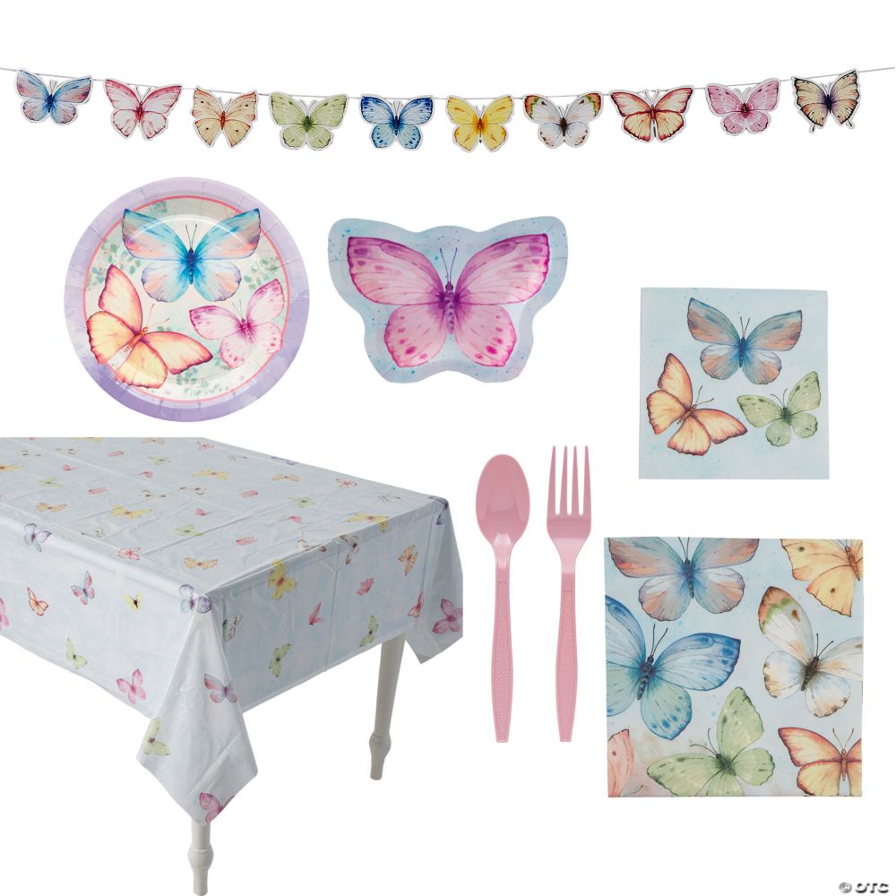 66 Pc. Pastel Butterfly Party Disposable Tableware Kit for 8 Guests