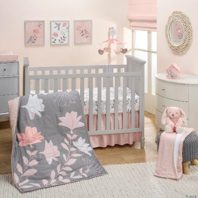 Lambs Ivy Petals Gray/Pink Sateen Cotton Floral 3-Piece Baby