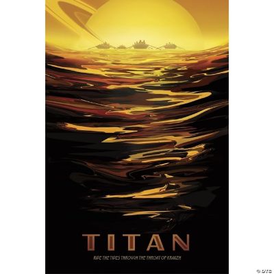 Retro space travel poster of Saturn's largest moon Titan and its thick