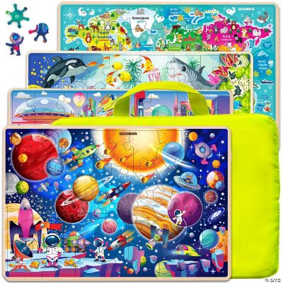 QUOKKA World Map Solar System Polar 4x60 Piece Wooden Jigsaw Puzzle for