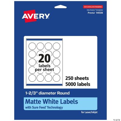 Avery Matte White Round Labels with Sure Feed, 1-2/3" Diameter, 5,000 ...