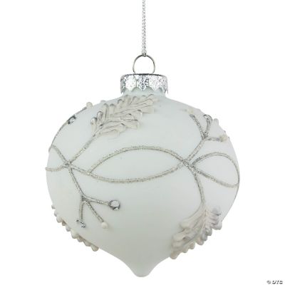 3.5" White and Silver Leaves Glass Onion Drop Christmas Ornament