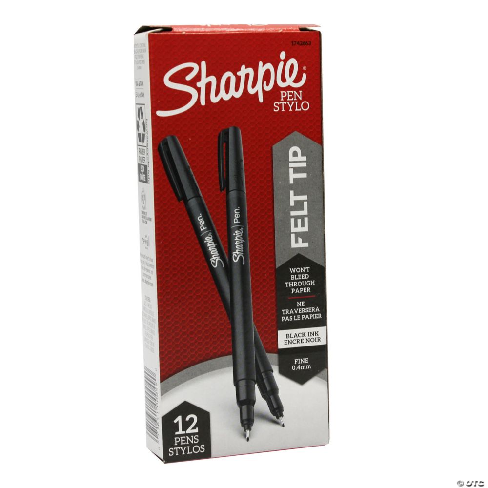 Sharpie Felt Tip Pens, Fine Point (0.4mm), Black, Black, Box of 12