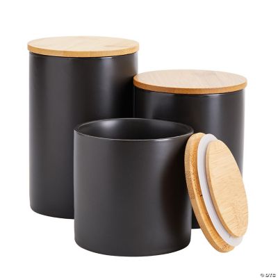 Set of 3 Matte Black Ceramic Canisters with Wooden Bamboo Lids, Kitchen ...