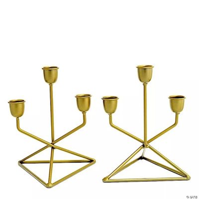 2 Gold 3 arm Geometric Metal Taper Candle Holders Triangle Base Party ...