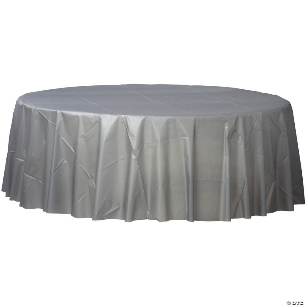 84" Amscan Silver Round Flannel Backed Reusable Vinyl Tablecloth