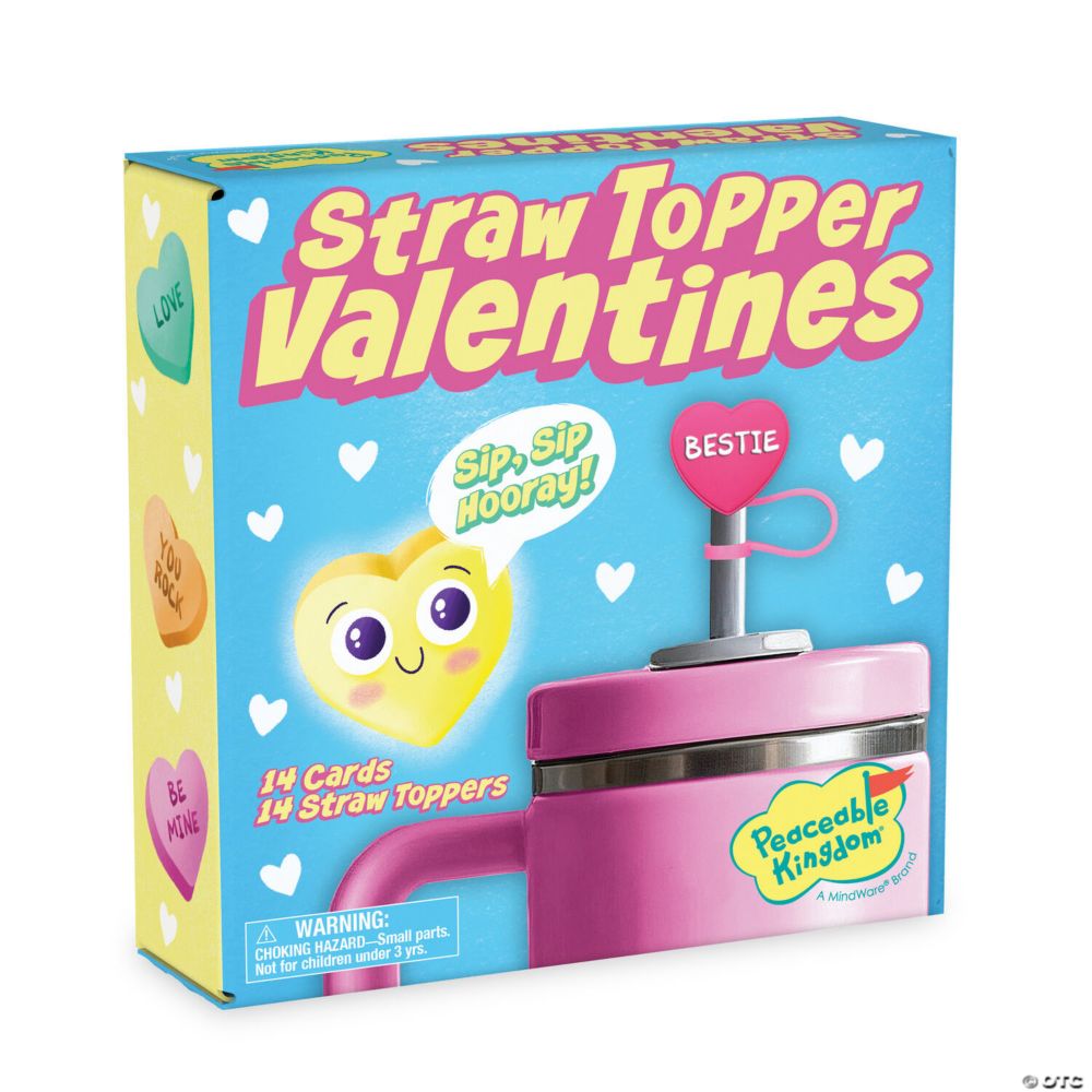 Peaceable Kingdom Straw Topper Valentines - Set of 14 Cards & Silicone Toppers From MindWare