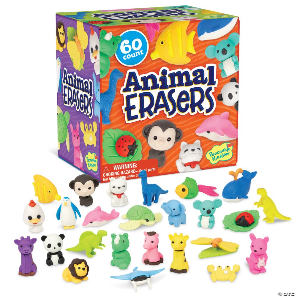 Peaceable Kingdom Animal Erasers - 60 Count, 25 Unique Designs From MindWare