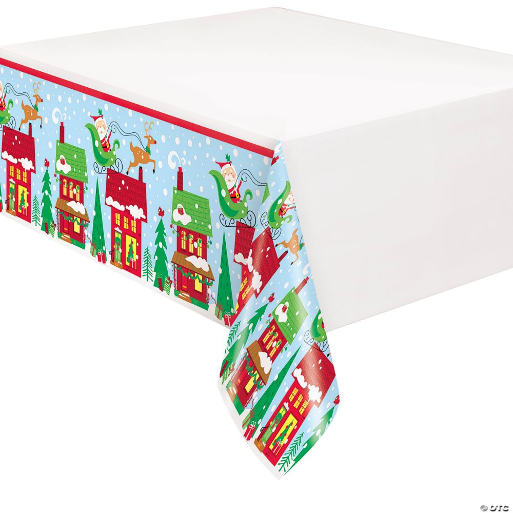 54" x 84" Colorful Santa Sleigh Ride Rectangle Disposable Plastic Tablecloth