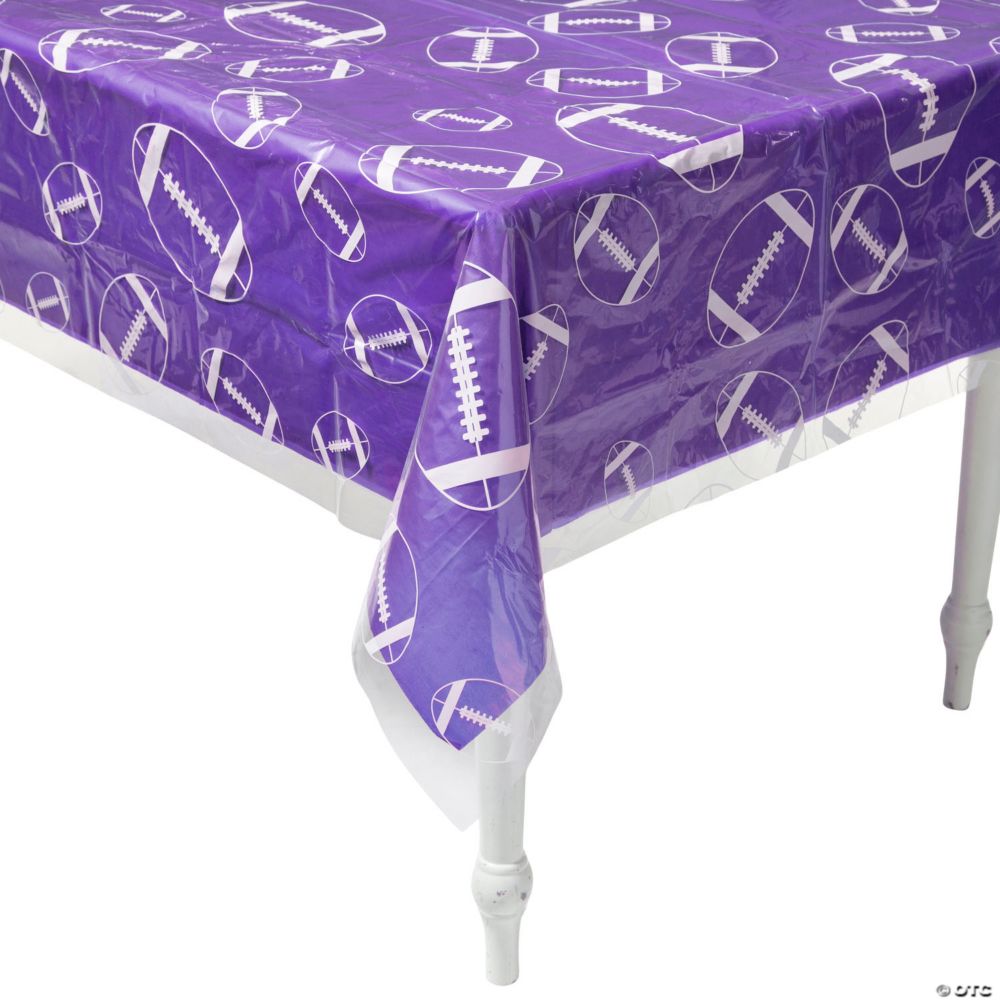 Plum Tablecloth with Clear Football-Print Disposable Plastic Table Cover Kit - 2 Pc.