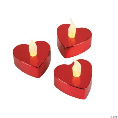 Red Metallic Heart-Shaped Battery-Operated Tea Light Candles - 12 Pc.