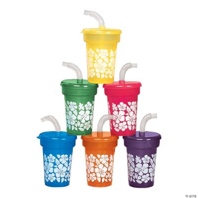 Hawaii Theme Plastic Cups With Lids and Straws: Luau Plastic Drink