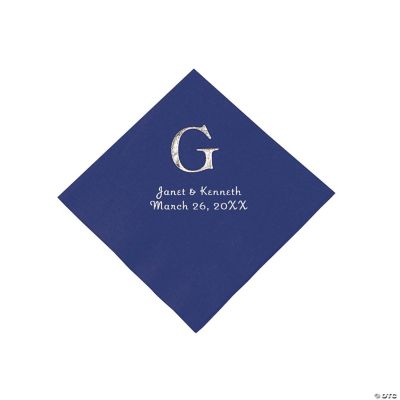 Navy Blue Wedding Monogram Personalized Napkins with Silver Foil - Beverage