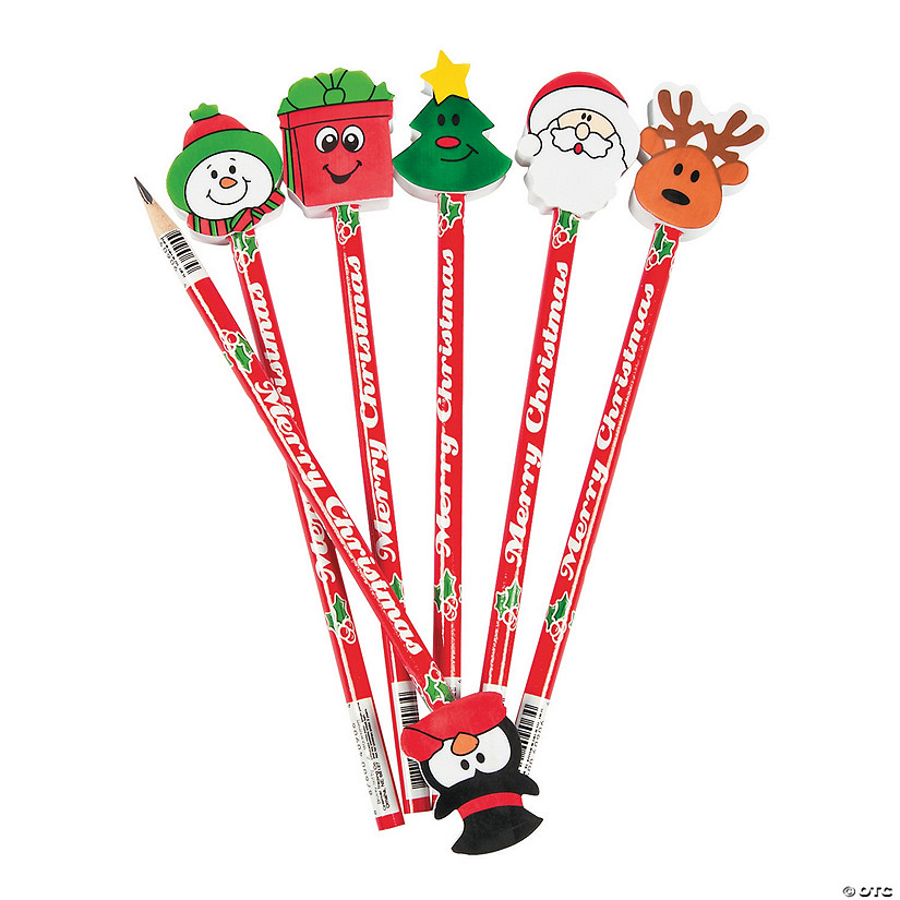 Christmas Pencils 4 Set Eraser Toppers Festive Kids Assorted Stationary Fillers 