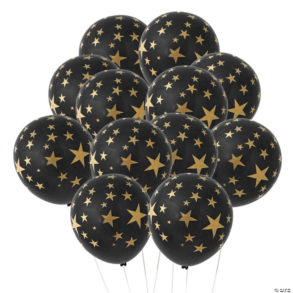 24 Pc 11" Black with Gold Stars 11" Latex Balloons