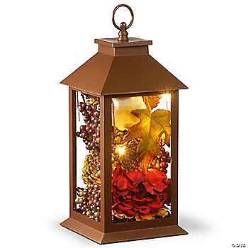 National Tree Company 12 in. Autumn Décor-Filled Lantern with LED Lights Brown