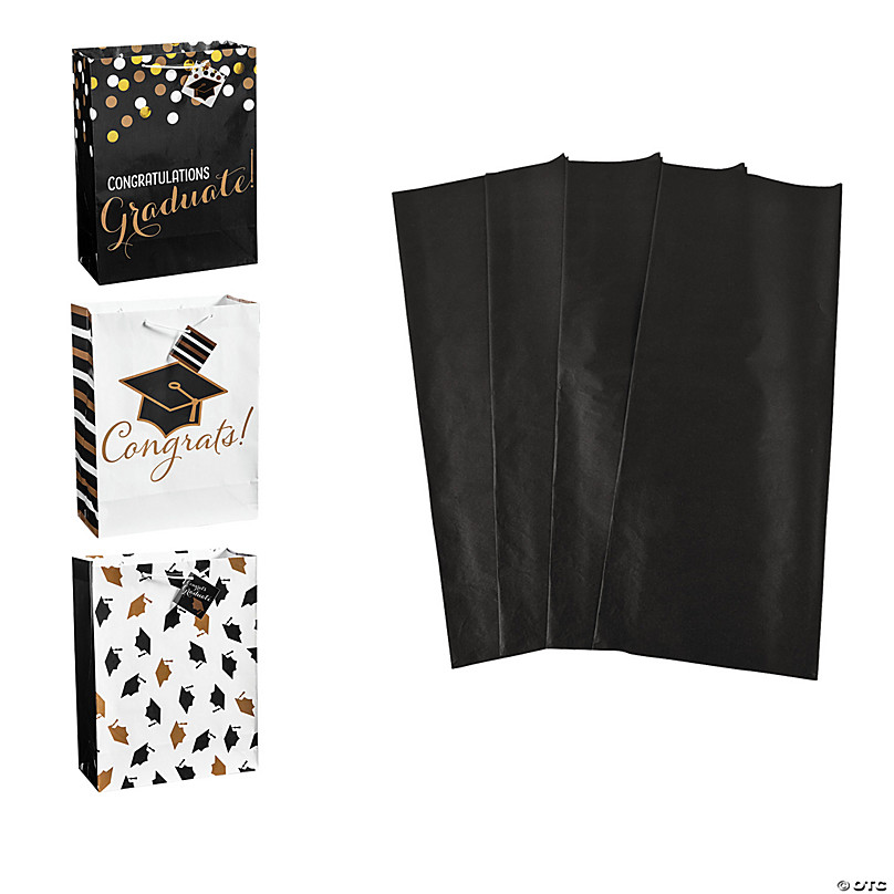 10 x 13 Large Black & Gold Graduation Paper Gift Bags with Tag & Tissue  Paper Kit for 12