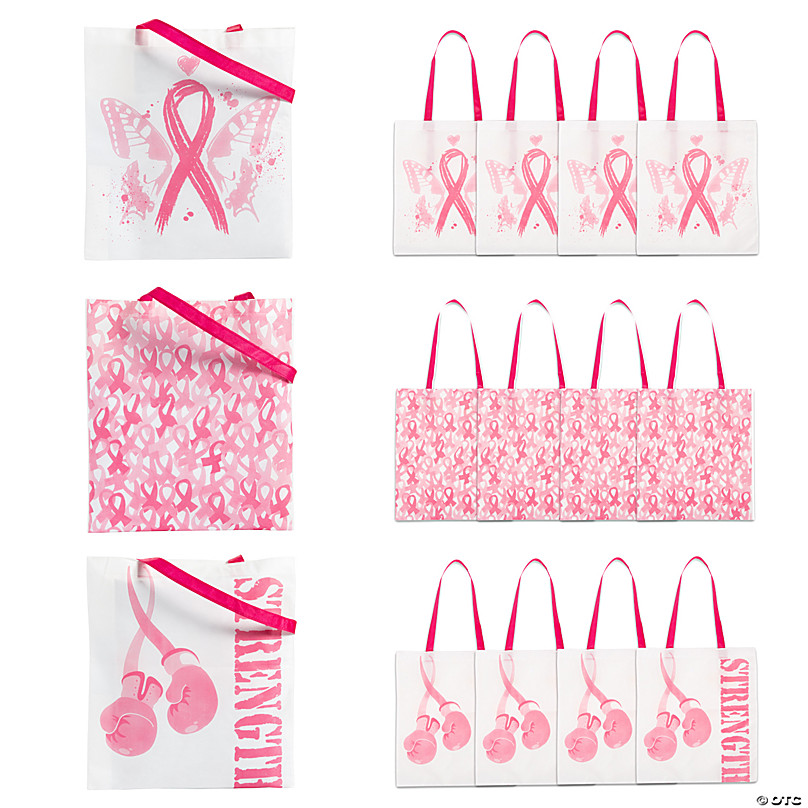 15 x 17 Large Nonwoven Pink Ribbon Tote Bags - 12 Pc.