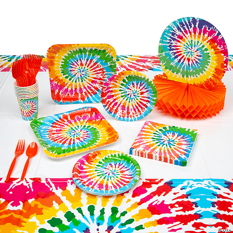 Tie Dye Birthday Party Supplies Tableware Set for 16 with Tablecloth 