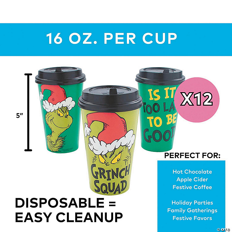 16 oz. Dr. Seuss™ The Grinch Squad Disposable Paper Coffee Cups with Lids -  12 Ct.