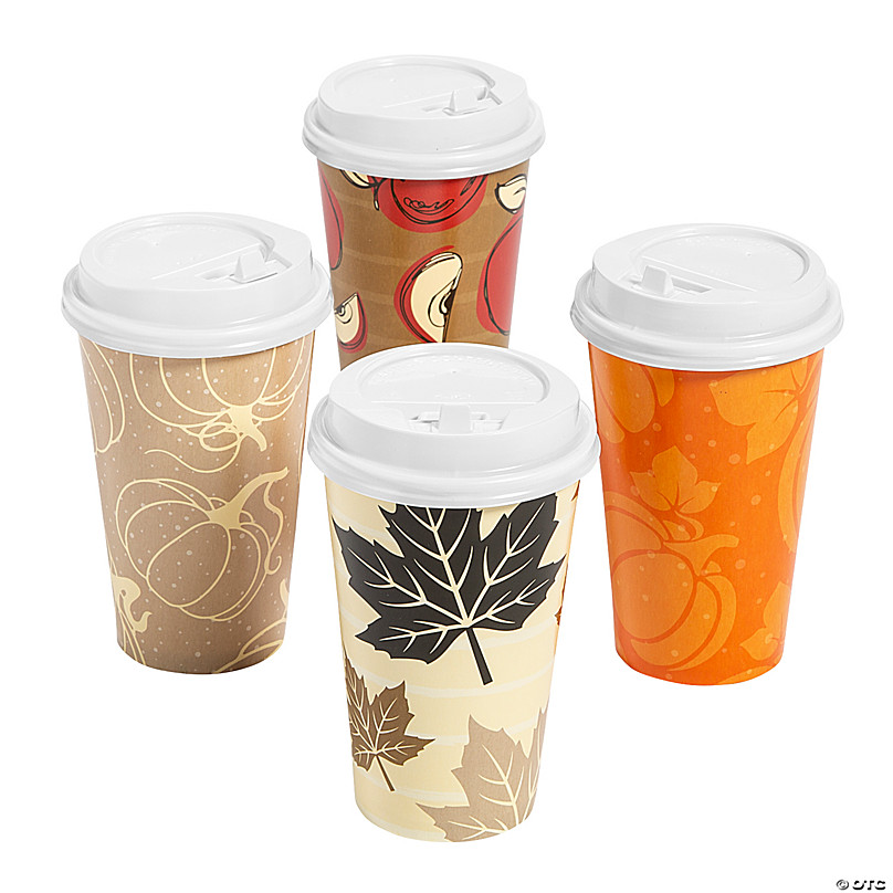16 oz. Fall Harvest Design Disposable Paper Coffee Cups with Lids – 12 Ct.